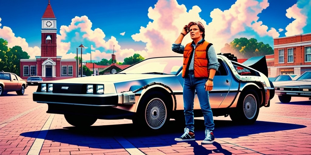 A nostalgic scene depicting Marty McFly standing in front of the iconic DeLorean time machine, with a bright stainless steel body and gull-wing doors, against a vibrant blue sky with fluffy white clouds, set in the nostalgic Hill Valley town square in 1985, with the clock tower looming in the background, surrounded by retro 80s architecture and vintage cars, capturing the essence of Robert Zemeckis' cult classic 