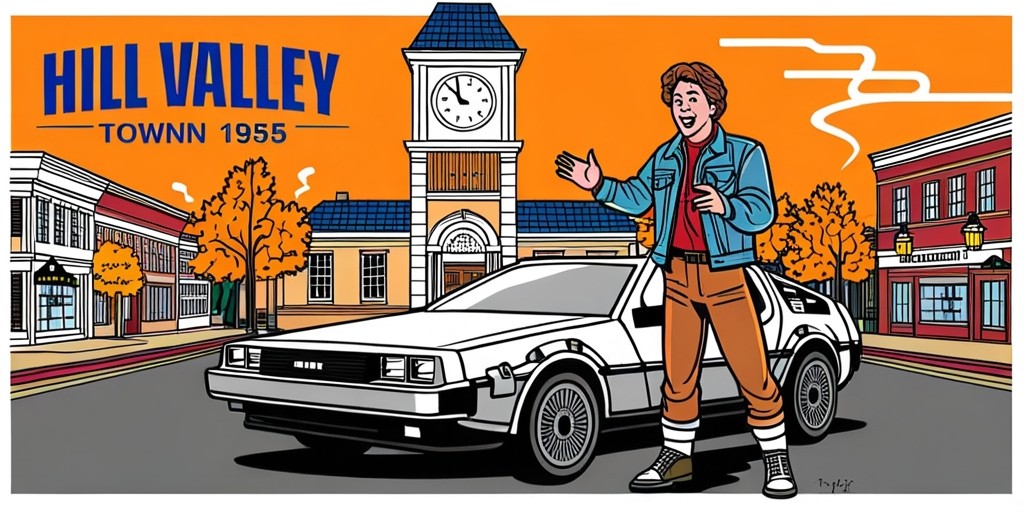 A scenic illustration of Hill Valley's town square in 1955, inspired by the iconic Back to the Future movie, featuring the clock tower in the background with its clock hands stuck at 10:04 pm, a gleaming stainless steel DeLorean time machine parked in the center, with Marty McFly, a young man with curly brown hair and wearing a denim jacket, standing beside it, looking excited and triumphant, with a faint hint of steam rising from the car's exhaust pipes. The sky above is a warm sunset orange, with a few wispy clouds, and the town's autumn foliage is reflected in the DeLorean's polished surface. The overall style is a vibrant, stylized representation with bold lines and dynamic colors, evoking a sense of adventure and nostalgia.