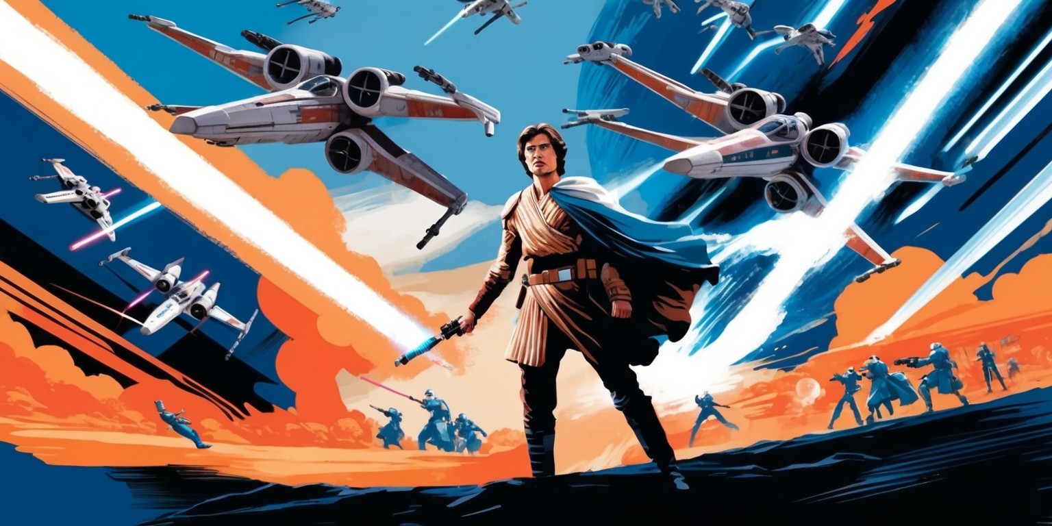 A vibrant, action-packed scene depicting a pivotal moment from a Star Wars movie, set against a backdrop of deep blues and oranges, with a mix of warm and cool tones evoking a sense of epic struggle and adventure. In the foreground, a heroic figure, possibly Luke Skywalker or Rey, stands tall, dressed in their iconic attire, with a lightsaber glowing brightly in their hand. The surrounding environment is a blur of motion, with laser blasts and explosions erupting in the distance. In the background, a fleet of sleek, silver Starfighters soars through the skies, leaving trails of smoke and fire behind them. The overall aesthetic is reminiscent of classic sci-fi illustrations, with bold lines, dynamic composition, and a sense of kinetic energy. Every detail, from the weathered textures of the characters' costumes to the intricate designs of the Starfighters, is rendered in meticulous detail.