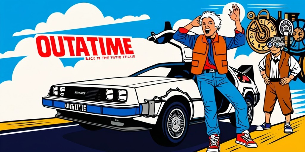 A nostalgic and dynamic scene depicting the iconic DeLorean time machine from the Back to the Future movie trilogy, set against a bright blue sky with fluffy white clouds, with the OUTATIME license plate prominently displayed, Marty McFly, played by Michael J. Fox, standing proudly beside it, wearing his signature orange vest and sneakers, with a thrilled expression on his face, Doc Brown, portrayed by Christopher Lloyd, observing from a distance, with his signature wild hair and goggles, amidst a subtle hint of clockwork mechanisms and steam punk elements in the background, blending science fiction with a touch of 80s nostalgia, with vibrant colors and bold lines, evoking a sense of excitement and adventure.