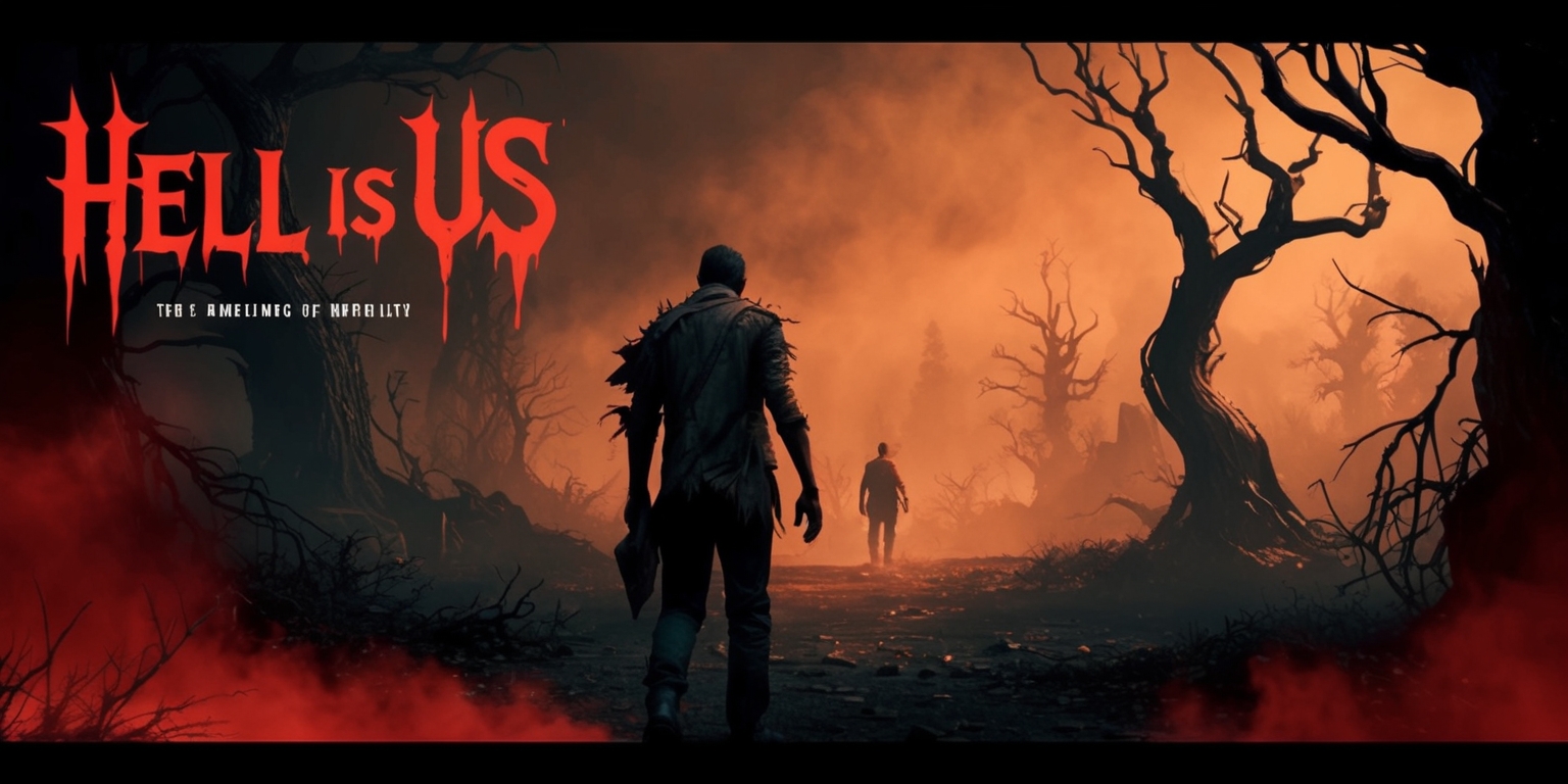 A dark and ominous video game screenshot from Hell is Us, featuring a haunting landscape with twisted trees, eerie mist, and a sense of foreboding, with a character in the distance, dressed in tattered clothing, with a determined look on their face, set against a warm orange and red color palette with deep shadows, in a widescreen format with crisp details and textures, the title Hell is Us emblazoned in bold, gothic font at the top of the image, with the tagline written in smaller text below it, the entire scene evoking a sense of survival and desperation.