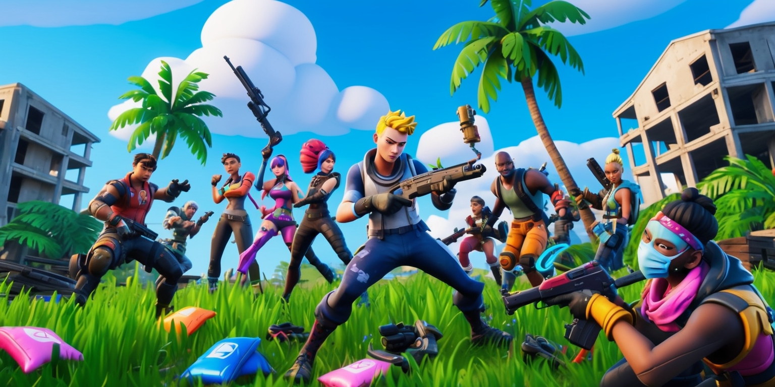 A vibrant, action-packed digital artwork depicting a scene from the popular online multiplayer game Fortnite, set in a lush, tropical environment with palm trees, abandoned buildings, and a bright blue sky with puffy white clouds. The scene showcases a diverse group of playable characters, each with unique outfits, skin tones, and hairstyles, engaging in an epic battle, with weapons, ammo, and health packs scattered around them. The characters' facial features are detailed, with expressive emotions, highlighting their determination and focus. The color palette is bold, with a mix of bright, pastel hues and deeper, richer tones, evoking a sense of excitement and energy. The composition is dynamic, with characters and objects overlapping, creating a sense of movement and tension. The overall style is stylized, with bold lines, vibrant colors, and dramatic shading, reminiscent of the game's iconic visuals.