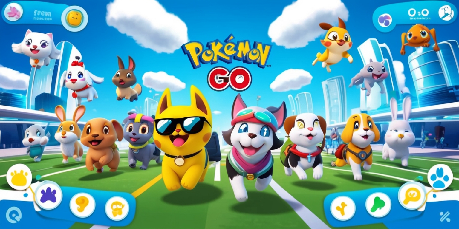 A colorful, whimsical illustration of a mobile game inspired by Pokémon GO, featuring a variety of cute, cartoon pets instead of monsters, set against a bright blue sky with fluffy white clouds, surrounded by sleek, modern cityscapes and futuristic architecture, with bold, vibrant icons and graphics, and a clean, minimalist user interface with intuitive buttons and navigation, showcasing a diverse group of happy, energetic pets, each with unique characteristics, facial expressions, and accessories, such as a cool cat with shades, a happy dog with a bandana, and a curious rabbit with a backpack, all exploring a bustling urban environment, with subtle animations and visual effects to give the image a sense of dynamic movement and interactivity.