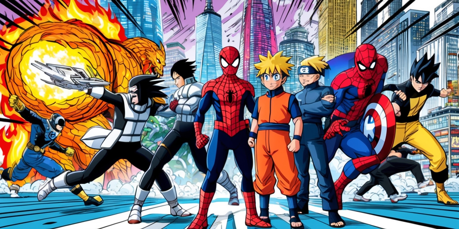 A vibrant, dynamic illustration depicting a mashup of iconic Manga and Marvel characters, set against a cityscape background with bold, graphic lines and exaggerated perspectives, blending traditional Japanese manga aesthetics with Western comic book stylings. In the foreground, Spider-Man, dressed in a sleek, high-tech suit, stands shoulder-to-shoulder with Naruto Uzumaki, clad in his signature orange jumpsuit, as they face off against a massive, flame-encased Dragon Ball-inspired monster. To their left, Iron Man, in his sleek suit of armor, engages in a high-flying battle with Light Yagami, wielding a gleaming, metallic Death Note notebook. In the background, the Tokyo Tower and New York City skyscrapers blend together in a kaleidoscope of colors, as Captain America, Black Widow, and other Marvel heroes team up with Goku, Luffy, and other beloved Manga characters to save the city from destruction. The entire scene pulses with energy, thanks to bold, expressive linework, vivid colors, and creative visual storytelling.