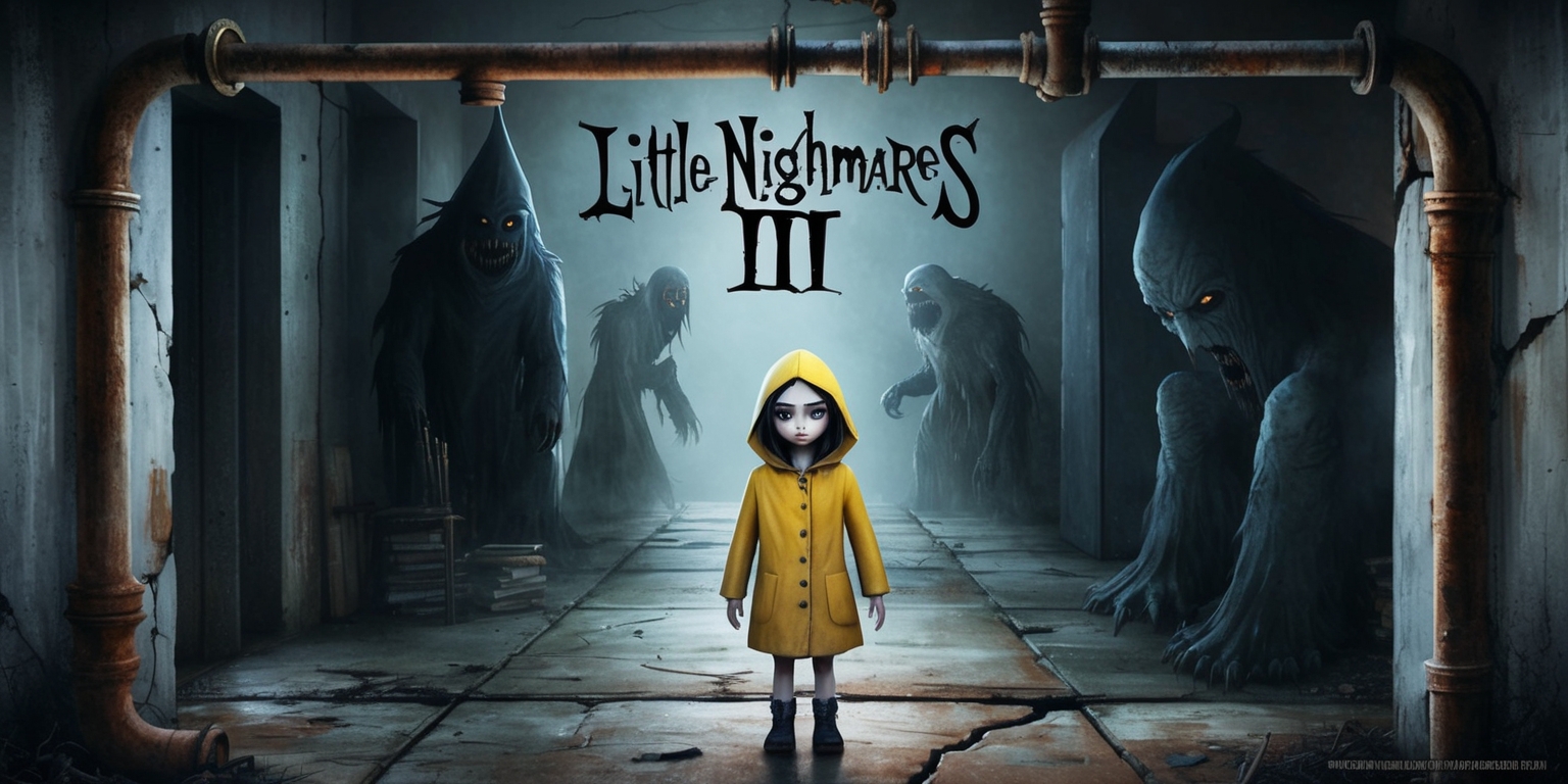 A hauntingly beautiful scene from Little Nightmares III, featuring a eerie atmospheric environment with muted earthy tones, dominated by shades of grey, brown, and faint blue hues, with Six, the main character, a young girl with a yellow raincoat, standing at the center, her facial expression a mix of fear and determination, her skin pale, with distinctive dark eyes, surrounded by ominous shadows and faint silhouettes of monstrous creatures lurking in the background, the image framed by a dimly lit corridor with old rusty pipes and cracked walls, with a sense of foreboding and tension, the overall style reminiscent of a dark, gothic fairy tale, with intricate details and textures, inviting the viewer to step into the nightmarish world.