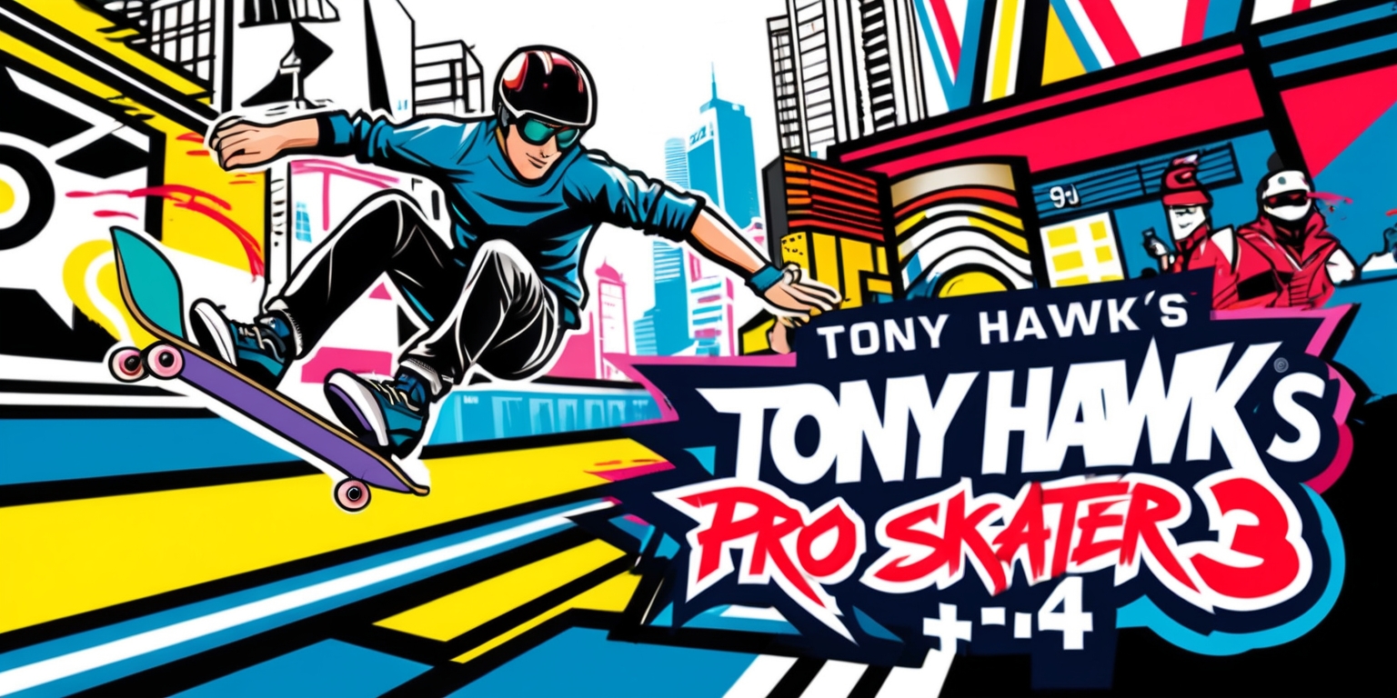 A vibrant and dynamic illustration of the Tony Hawk’s Pro Skater 3 + 4 game, showcasing a skater in mid-air performing a daring trick, set against a backdrop of a stylized cityscape with bold lines, bright colors, and a mix of modern and retro aesthetics, incorporating familiar characters and icons from the game, with the game's logo prominently displayed in a stylized, graffiti-inspired font, featuring a bold color scheme and eye-catching graphics that capture the essence of the game's fast-paced action and thrill.