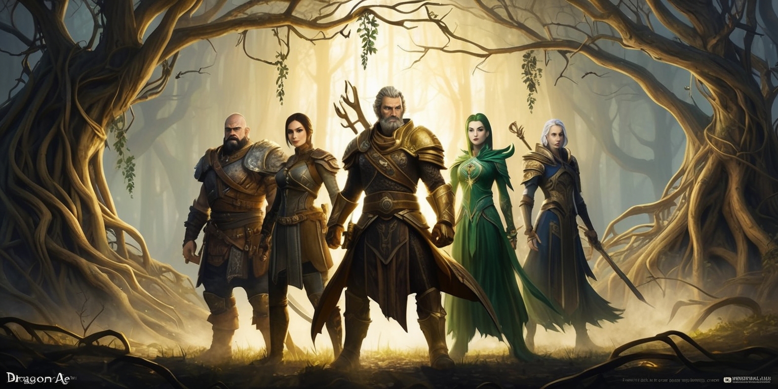 A majestic, golden-lit illustration of a fantastical scene from Dragon Age: The Veilguard game, set against a backdrop of a mystical, ancient forest with gnarled trees and twisted roots, their branches intertwined with vines and mistletoe. In the foreground, a group of heroes stand united, each with unique features and attire, including a gruff, battle-hardened warrior with scar above his left eyebrow, a lithe, agile rogue with piercing emerald eyes, and a wise, staff-wielding mage with an ethereal glow surrounding her. The characters are rendered in exquisite, hand-painted detail, with intricate textures and folds in their armor and clothing. The atmosphere is ominous, with subtle, eerie mist swirling around the heroes' feet, hinting at the ancient darkness lurking beyond the veil. The overall style is reminiscent of high-fantasy concept art, with bold lines, rich colors, and an emphasis on storytelling through composition and lighting.