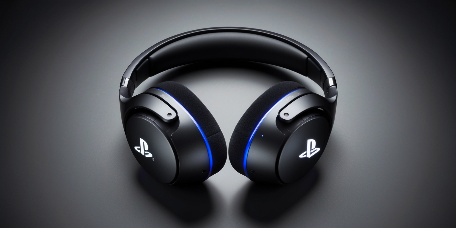 A sleek, modern, and high-tech PlayStation Pulse Elite Wireless Headset, a premium gaming accessory, sitting centered on a smooth, dark gray surface, with a subtle gradient effect, evoking a sense of sophistication and futuristic design, the headset's curves and lines crafted with precision, featuring a predominantly matte black finish with subtle metallic accents in a polished silver tone, the ear cushions and headband wrapped in a soft, breathable, velvety black material, a faint blue LED light strip running along the underside of the headband, pulsing with a soft, steady rhythm, the PlayStation logo emblazoned on the outer ear cups in bold, silver lettering with a subtle, curved shape, the overall aesthetic exuding a blend of sporty dynamism and understated luxury.