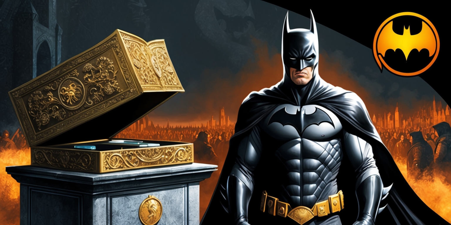 A dramatic, high-contrast illustration of Batman, clad in his iconic dark grey and black suit, standing heroically in front of a sprawling, medieval-inspired background with subtle hints of the Seven Kingdoms from Game of Thrones. The Caped Crusader's facial features are sharply defined, with a strong jawline, piercing blue eyes, and a determined expression. To his left, a massive stone pedestal bears a sprawling, ornate box adorned with intricate gold filigree and the sigil of House Stark. The box's lid is slightly ajar, revealing the shadows of a console and games within. The overall color palette is dark and moody, with bursts of fiery orange and yellow highlights evoking the fiery passion of the Game of Thrones universe. In the top-right corner, a subtle, curved logo featuring the Bat-signal merged with the Game of Thrones sigil adds a touch of dynamic flair to the composition.