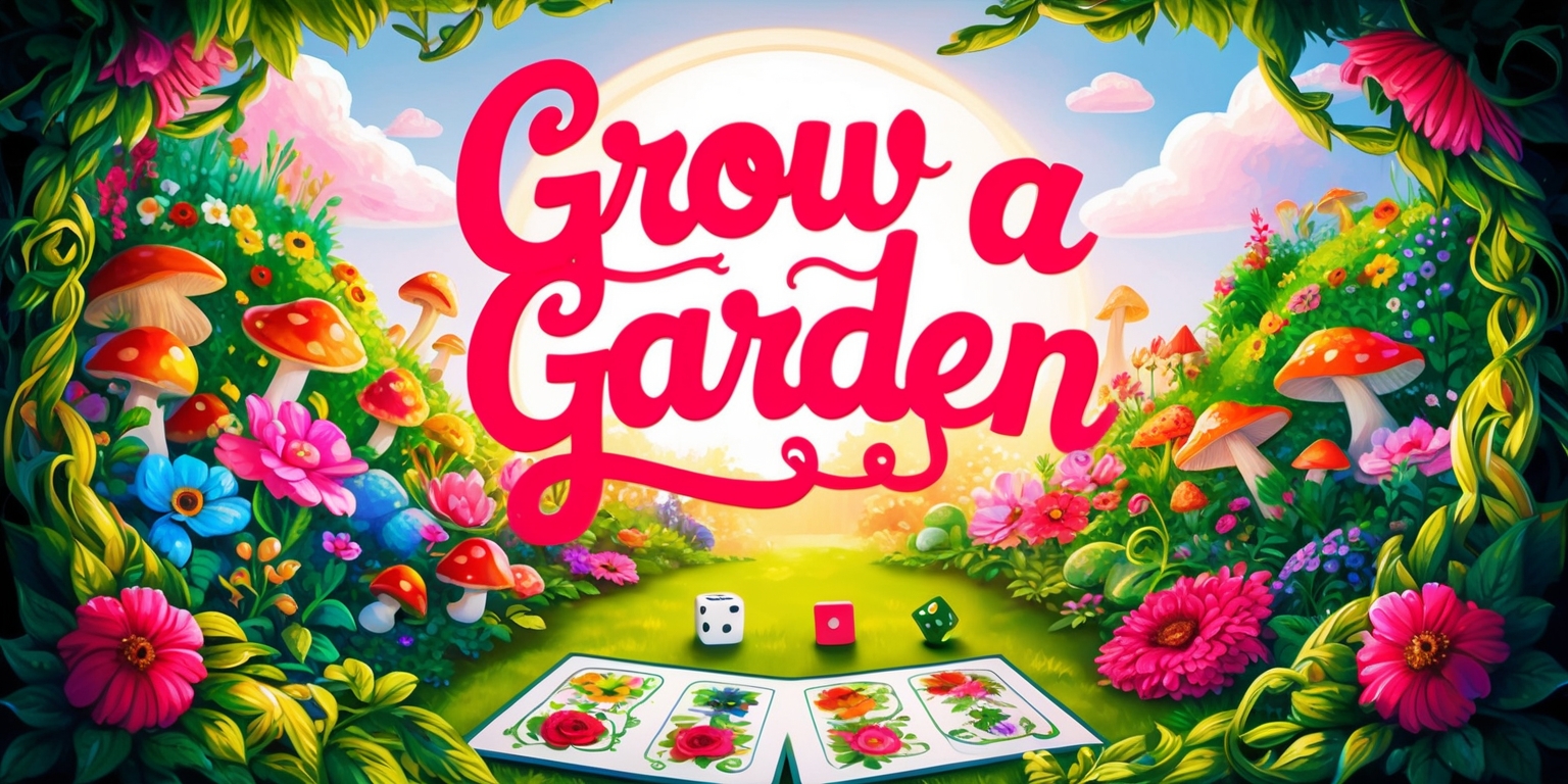 A vibrant, whimsical illustration of a fantastical garden filled with blooming flowers, lush greenery, and vibrant mushrooms, set against a warm, sunny sky with a few wispy clouds, all within the context of a board game, with game pieces, dice, and a folded game board in the foreground, surrounded by lush foliage, with the title Grow a Garden written in bold, curly script font in a bright, poppy pink color, with intricate floral patterns and swirling vines woven throughout the design, evoking a sense of wonder and magic.