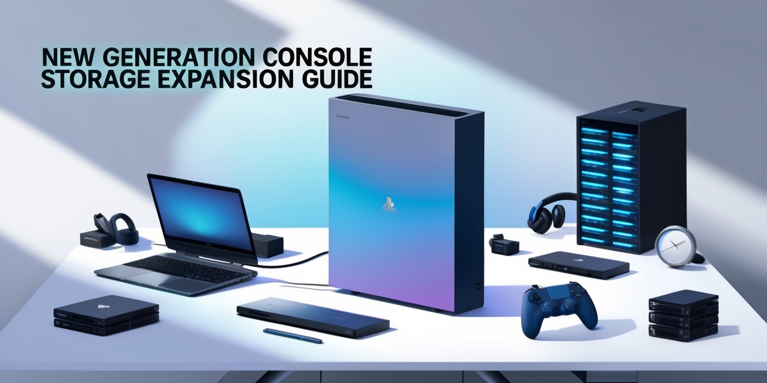 A futuristic illustration of a modern gamer's desk with a sleek, high-tech console placed prominently in the center, surrounded by various storage expansion devices and accessories in a neat, organized manner, conveying a sense of innovation and advanced technology, with a soft, gradient blue tone dominating the color palette to evoke feelings of calmness and trustworthiness, the console's subtle LED lights casting a gentle glow, a thin, modern laptop and a few gaming peripherals like a controller and headset scattered around the periphery, a few neatly stacked game cases and a small, circular clock with a silver rim adding a touch of sophistication, the entire setup set against a clean, minimalist white background with subtle shadows and depth cues, the text New Generation Console Storage Expansion Guide emblazoned across the top in a bold, futuristic font with metallic accents, the words article written in smaller text at the bottom in a simple, sans-serif font.