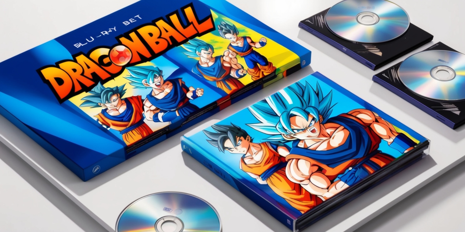A detailed illustration of a Dragon Ball Blu-ray box set, featuring vibrant colors and dynamic artwork of iconic characters from the series, with a sleek and modern design, including a bold font with the title Dragon Ball in a stylized, orange color, and a predominantly blue background with accents of yellow and red, the box set is placed on a clean, white surface, with the Blu-ray discs visible through a transparent plastic case, and the spine of the box set showing the Dragon Ball logo in a shiny, metallic silver color, with a subtle gradient effect to give it a premium look.
