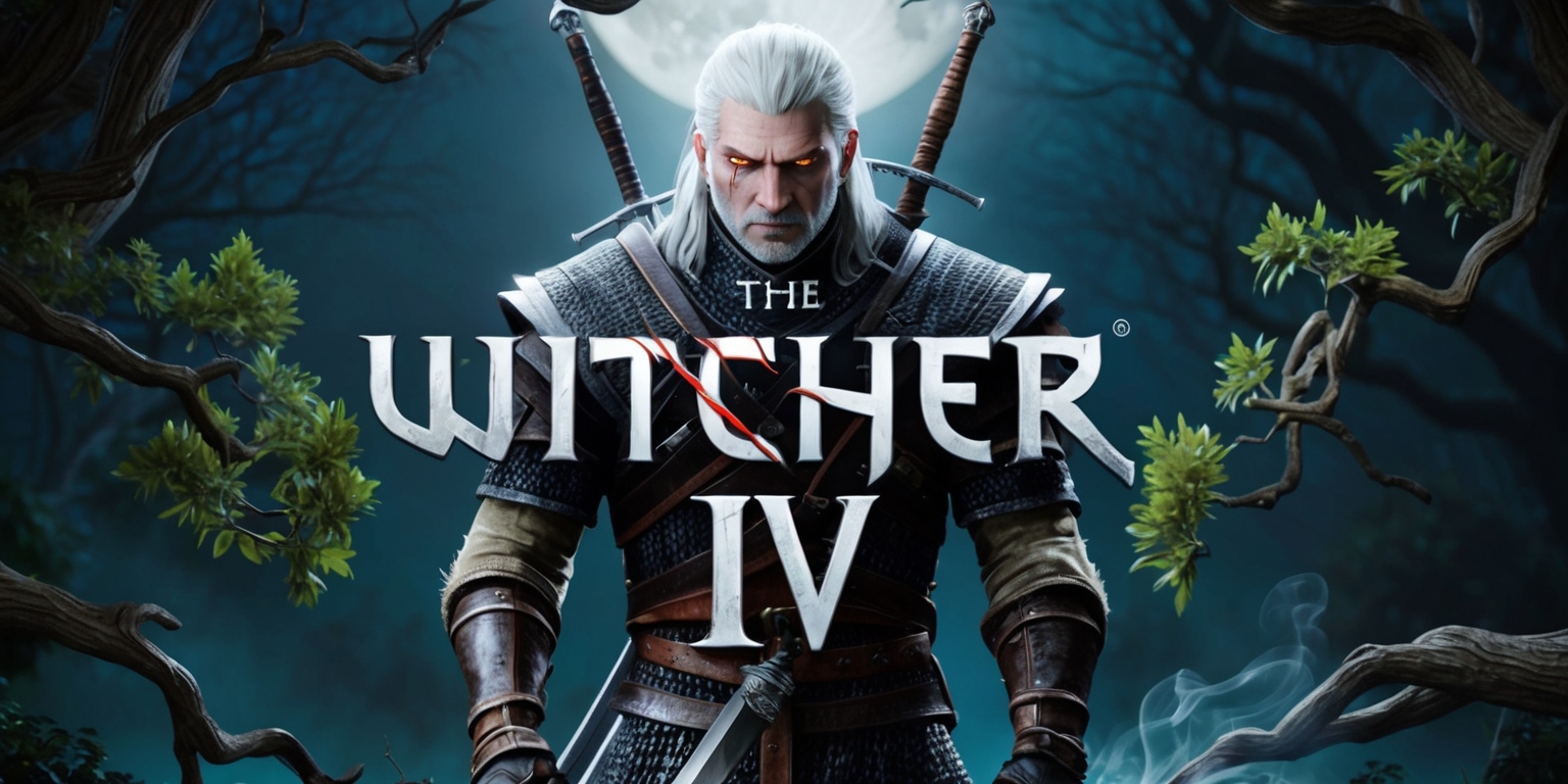 A cinematic poster for Witcher IV, set against a dark, mystical forest backdrop with subtle, eerie moonlight casting an ominous glow, featuring Geralt of Rivia, the iconic white-haired Witcher, standing proudly in the center, clad in his signature armor, with his piercing yellow eyes gleaming intensely, his sharp facial features accentuated by the subtle, eerie lighting, holding his sword at the ready, its silver blade glinting in the faint moonlight, surrounded by lush, green foliage and twisted, gnarled tree branches that seem to whisper ancient secrets, with the Witcher IV logo emblazoned prominently in bold, silver font, adorned with subtle, intricately designed Celtic patterns and flourishes, set against a rich, dark blue background that evokes a sense of foreboding and adventure, with subtle, mystical mist swirling around Geralt's feet, hinting at the epic battles and ancient mysteries that await in the world of Witcher IV.