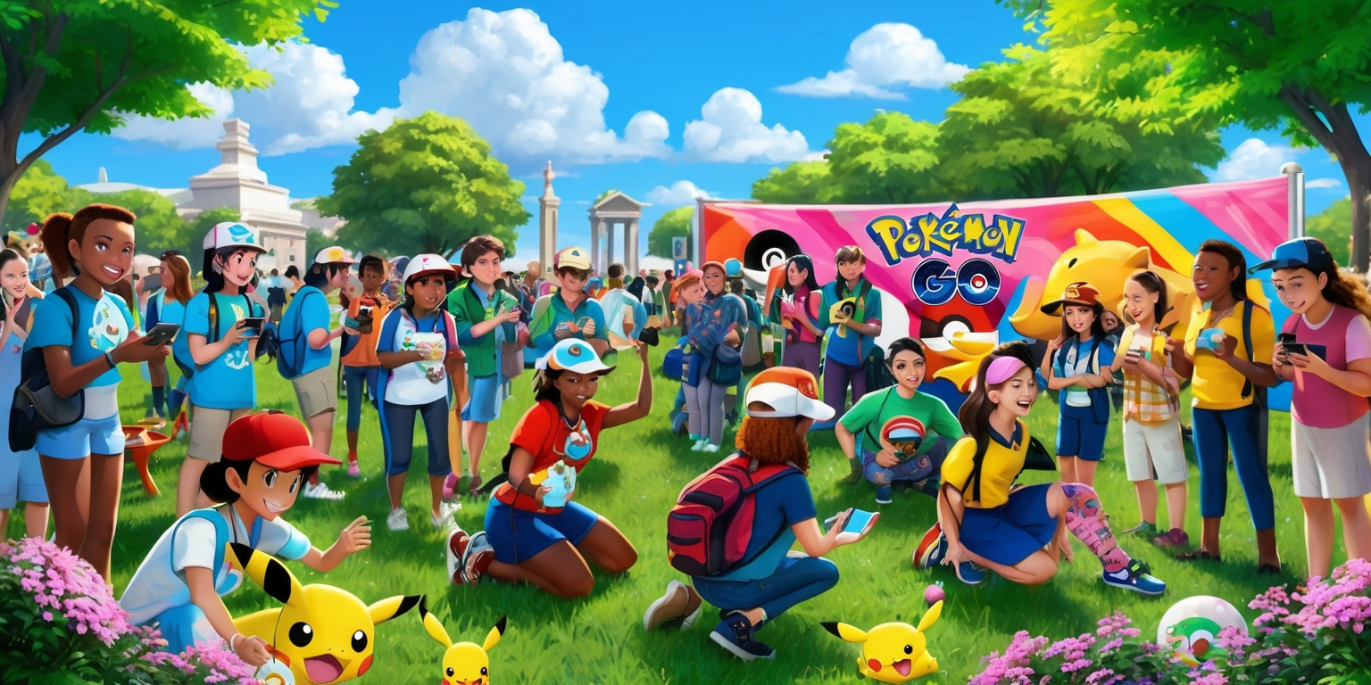 A vibrant outdoor scene depicting a bustling Pokémon GO event, set against a bright blue sky with puffy white clouds, surrounded by lush green trees and blooming flowers. The atmosphere is lively, with people of diverse ages, genders, and skin tones, all sharing excited expressions, some with joyous smiles, others with focused gazes on their mobile devices. Some trainers wear Poké Balls-inspired accessories, hats, or shirts featuring iconic Pokémon characters. A few trainers are crouched, capturing Pokémon on the grass, while others gather around a large, colorful Pokémon GO-themed banner or take photos with life-size cutouts of popular Pokémon. The entire scene is bathed in warm, natural light, with subtle shading and textures, evoking a sense of community and excitement. In the distance, a few buildings and monuments are visible, hinting at the event's urban or park-like setting.