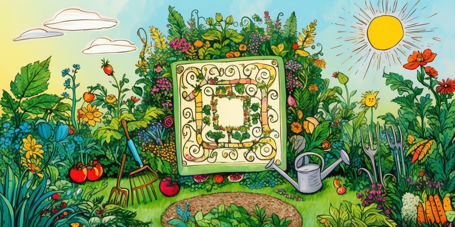 A whimsical illustration of a vibrant, lush garden, overflowing with colorful flowers, lush greenery, and diverse plant species, set against a bright, sunny sky with a few wispy clouds, with a subtle, gradient background that transitions from pale blue at the top to soft green at the bottom, featuring a central focal point of a stylized, hand-drawn game board, adorned with intricate, swirling patterns and ornate details, surrounded by various gardening tools, such as a watering can, rake, and hoe, with a few strategically placed, ripe fruits and vegetables, like juicy tomatoes, plump carrots, and crisp lettuce, scattered throughout the garden, evoking a sense of wonder, growth, and abundance, with bold, expressive lines, and playful textures, created using a mix of traditional and digital media, with a dash of fantasy and magic.