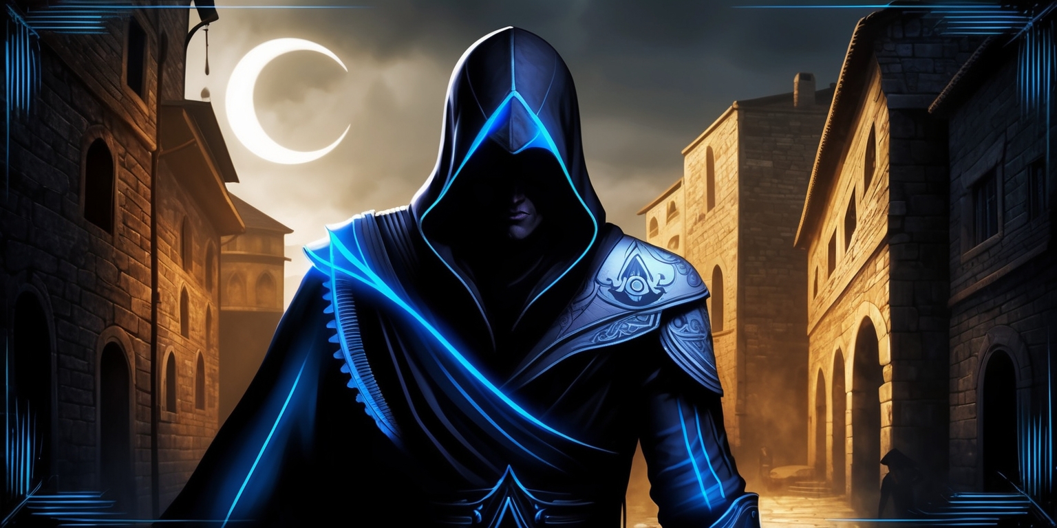 A dark, gothic, and atmospheric digital illustration of a mysterious assassin blending into the shadows of a medieval cityscape, inspired by the Assassin's Creed franchise, with subtle, pulsing blue lines and accents hinting at advanced technology and stealth, set against a warm, golden-lit background of ancient stone buildings and narrow alleys, with a crescent moon hanging low in the sky, casting an air of mystery and intrigue, the assassin's figure cloaked in darkness, with only their piercing eyes visible, gleaming with a fierce intensity, a subtle, intricate detailing of the Creed's insignia embossed on their shoulder or bracer, with a sense of movement and tension, as if the assassin is about to spring into action.