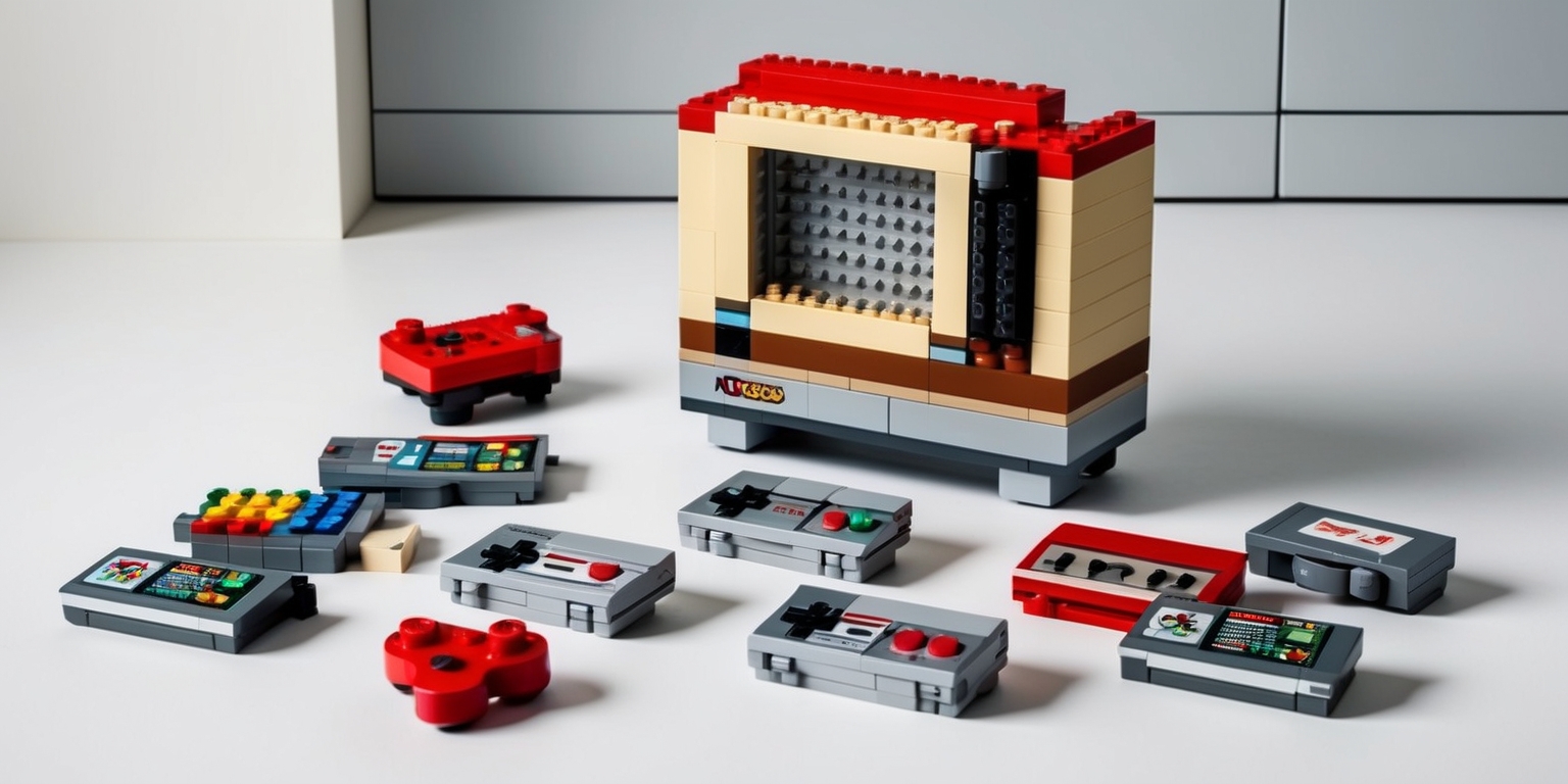 A highly detailed and intricately designed Lego set modeled after the classic Nintendo Entertainment System, featuring a miniature NES console, controllers, and game cartridges, all built from a variety of colored Lego bricks and plates, with a focus on nostalgic 8-bit aesthetics, set against a clean and simple background that allows the vibrant colors of the Lego pieces to stand out, with the console itself a warm beige and gray, the controllers a deep red and gray, and the game cartridges a bright gray with colorful labels, arranged in a way that showcases the iconic design of the original NES, with a slight sense of nostalgia and playfulness, as if the Lego set is about to come to life.