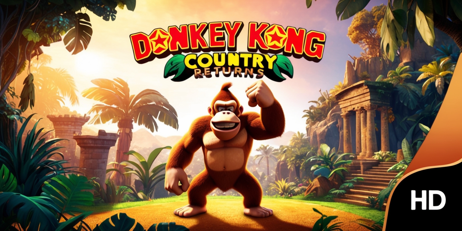 A vibrant, high-definition illustration of Donkey Kong Country Returns, showcasing the iconic ape, Donkey Kong, standing triumphantly in a lush, jungle environment, surrounded by majestic trees, exotic plants, and ancient ruins, with a warm, golden sunlight casting dramatic shadows, featuring a mix of realistic textures and stylized, cartoon-inspired visuals, with bold, saturated colors and subtle, painterly brushstrokes, set against a warm, earthy-toned background, with the game's title, 