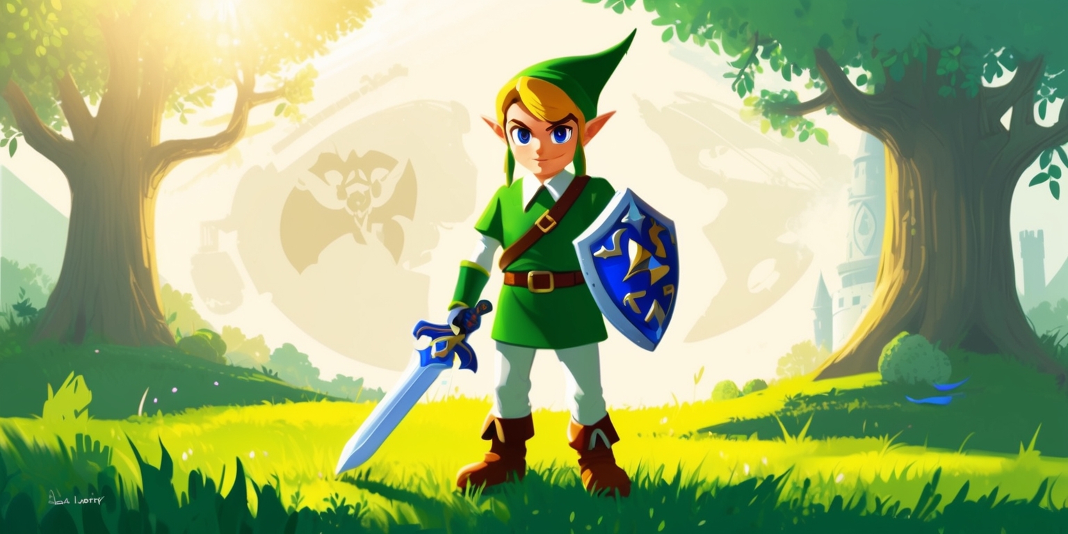 A whimsical illustration of the protagonist Link from The Legend of Zelda: The Minish Cap game, standing heroically in a lush green meadow surrounded by towering trees, with a subtle warm sunlight casting a golden glow on the scene. Link is dressed in his signature green hat, white shirt, and blue pants, with the trusty sword and shield at the ready. His bright blue eyes sparkle with determination, and his facial features are youthful and vibrant. In the background, the faint outline of the Minish Cap's world map can be seen, with the recurring elements of the game, such as the four blade fans, subtle hints of the four elements, and the majestic castle in the distance. The illustration is rendered in a mix of traditional and digital media, with bold lines, vibrant colors, and a sense of wonder and adventure. The overall aesthetic is reminiscent of classic video game artwork, with a dash of fantasy and magic.